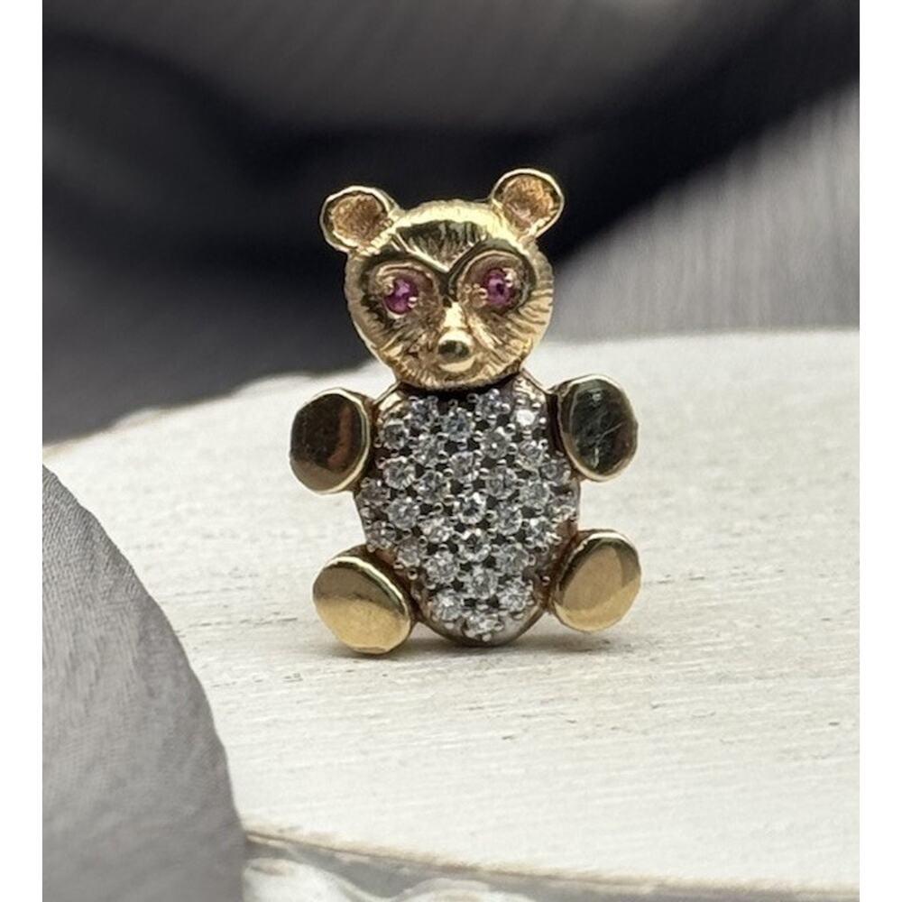 14k EMA Teddy Bear Brooch, Pave Diamond Body & Ruby Eyes 7.32 Grams